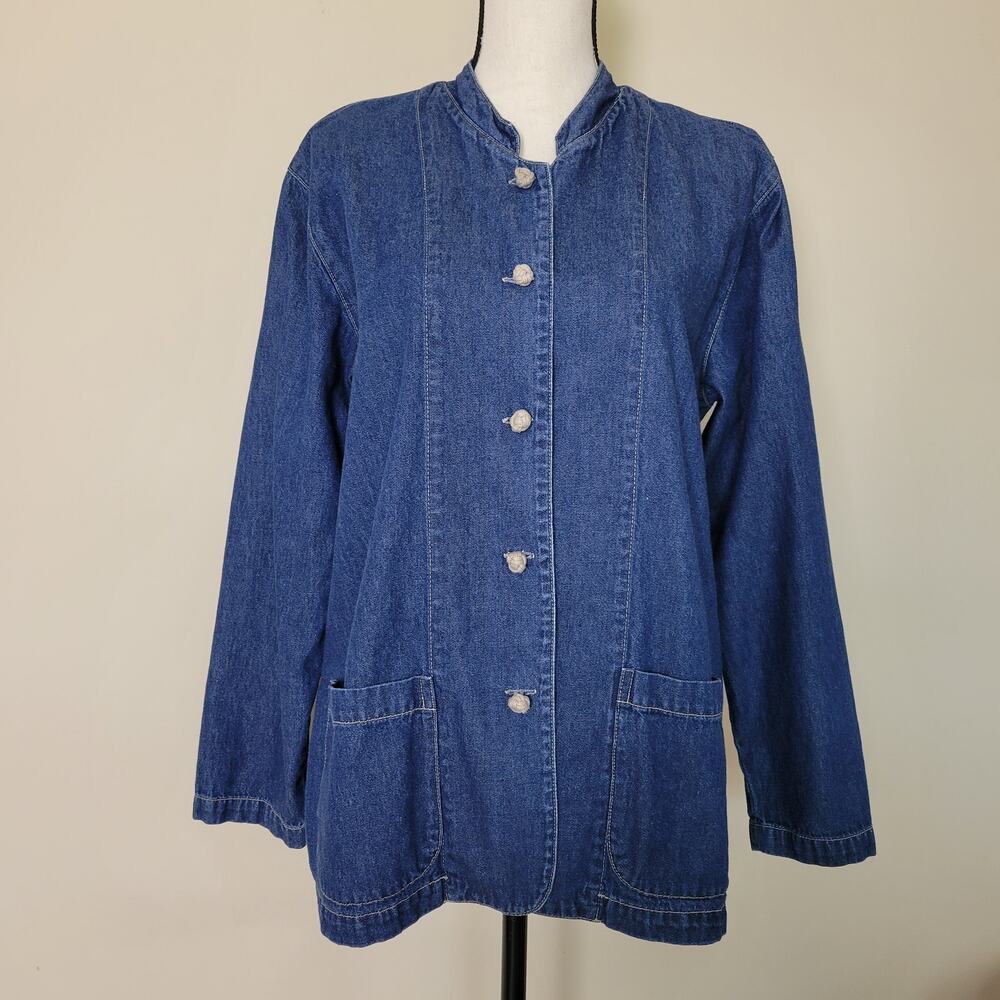 Vintage Chico's Design Size 2 (L 12-14) Denim Jacket Long Sleeve Collar Buttons
